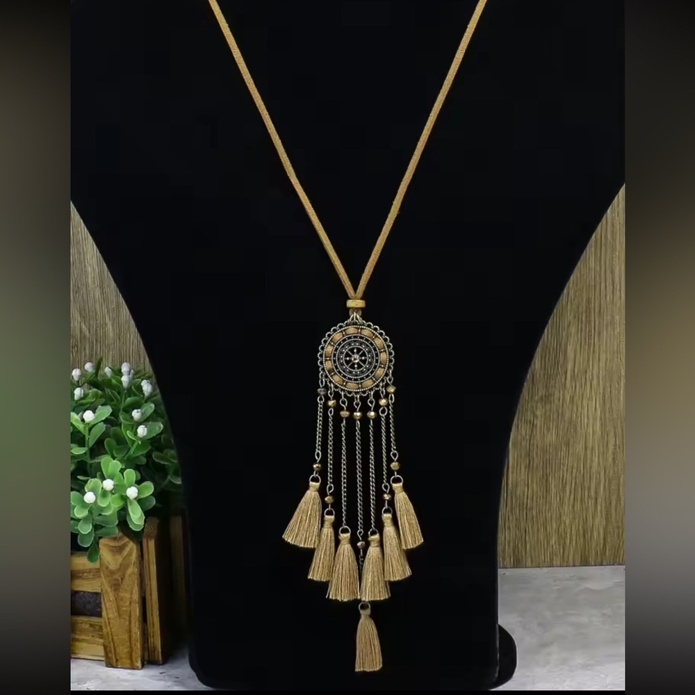 Anthropologie Vintage Ethnic Wheel Tassel Long Necklace